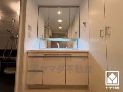 収納付きでスッキリお使い頂ける3面鏡の洗面台です。洗面ボウルが広めなので、忙しい朝でも身支度がしやすく時短になります。