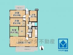 4LDK、専有面積90.95平米、バルコニー面積13.70平米、5階建て最上階の南・西・北側三方角部屋。