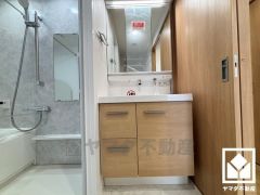 収納付きでスッキリお使い頂ける3面鏡の洗面台です。洗面ボウルが広めなので、忙しい朝でも身支度がしやすく時短になります。