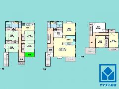 7SLDK、土地面積160.85平米、建物面積214.04平米、木造3階建。
