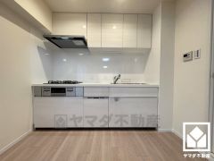 壁付けタイプで空間を有効活用。明るい白色で統一された清潔感のあるデザインが魅力のシステムキッチンです。