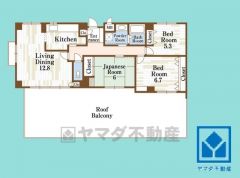 3LDK、専有面積81.48平米、8階建て5階部分の三方角部屋。東向きのルーフバルコニー74.76平米付き（月額使用料2300円）。