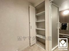 バスタオルやパジャマ等を収納できるリネン庫。洗剤等のストックも収納できるので、洗面室をすっきり清潔に保つことができそうです。可動棚なので用途に合わせて高さを調整できます。