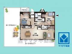 2LDK、専有面積60.25平米、バルコニー面積3.43平米、9階建て8階部分の角部屋。ルーフバルコニー69.72平米付き。（月額使用料1320円）