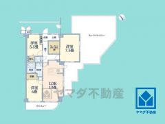 3LDK、専有面積77.8平米、バルコニー面積7.06平米、11階建て7階部分。武庫川が一望できる51.37平米の大きなルーフバルコニー付き。
