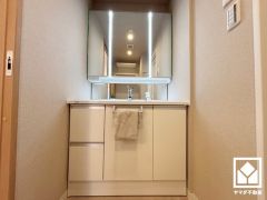 収納付きでスッキリお使い頂ける3面鏡の洗面台です。縦に2本配置されたLED照明が顔全体を明るく均等に照らしてくれるので、スキンケアやメイクがしやすくなります。