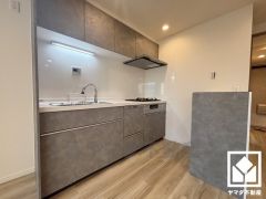 キッチンは空間を有効活用できる壁付けタイプ。換気効率が高くお手入れもしやすいスリム型のレンジフードを完備。スッキリとしたスタイリッシュなデザインも魅力の一つです。