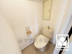 明るく清潔感溢れるトイレです。トイレットペーパーのストックや、消耗品置き場などとしてお使いいただける収納スペースがございます。