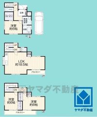 3LDK、土地面積63.59平米、建物面積100.44平米、木造3階建。