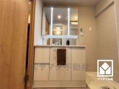 収納付きでスッキリお使い頂ける3面鏡の洗面台です。縦に2本配置されたLED照明が顔全体を明るく均等に照らしてくれるので、スキンケアやメイクがしやすくなります。