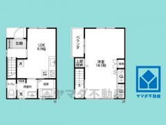 1LDK、土地面積46.15平米、建物面積53.81平米、木造2階建。