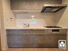 キッチンは空間を有効活用できる壁付けタイプ。キッチン後ろにカウンターがあり調理時に便利です。