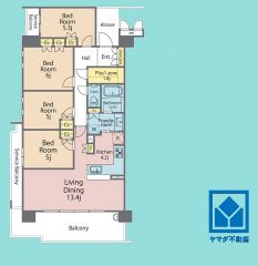4LDK、専有面積87.97平米、バルコニー面積15.19平米、7階建て5階部分の角部屋。