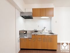 使いやすさとデザイン性を両立。落ち着いた木目調のデザインが魅力のシステムキッチンです。壁付けタイプで空間を有効活用。