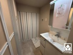 収納付きでスッキリお使い頂ける3面鏡の洗面台です。洗面ボウルが広めなので、忙しい朝でも身支度がしやすく時短になります。