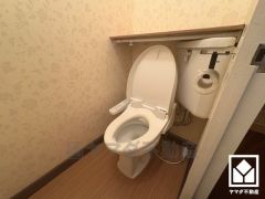明るく清潔感溢れるトイレです。トイレットペーパーのストックや消耗品置き場、小物置きなどとしてもお使いいただける棚がございます。
