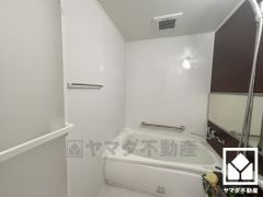 1日の疲れを癒す浴室でゆったりリフレッシュ。ナチュラルな木目調のアクセントパネルは落ち着いた雰囲気を演出してくれます。鏡が横長なので、お子様でも見やすく便利です。