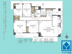 4LDK、専有面積104.32平米、バルコニー面積18.47平米、3階建て1階部分。