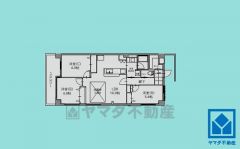3SLDK、専有面積75.45平米、バルコニー面積16.50平米、5階建て1階部分の南東角部屋。デザイナーズフルリノベーション済の大変綺麗なお部屋です。
