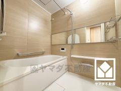 鏡が横長なので、お子様でも見やすく便利です。ナチュラルな木目調のアクセントパネルは落ち着いた雰囲気を演出してくれます。