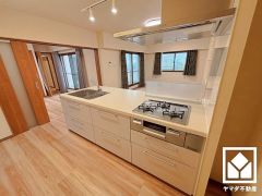 キッチンの背面には専用ポーチへ繋がる勝手口があり、換気やゴミ出しなどに便利です。