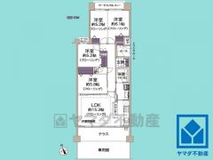 4LDK、専有面積85.55平米、バルコニー面積11.97平米、5階建て1階部分。南西向きの専用庭12.09平米付き（使用料月額360円）