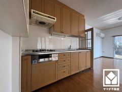 使いやすさとデザイン性を両立。落ち着いた木目扉が魅力のシステムキッチンです。壁付けタイプで空間を有効活用。