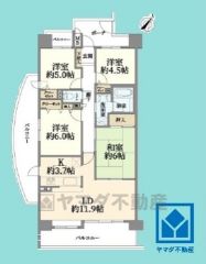 4LDK、専有面積80.04平米、バルコニー面積34.55平米、15階建て最上階の南東・南西角住戸。耐震性・耐火性の高いSRC造です。