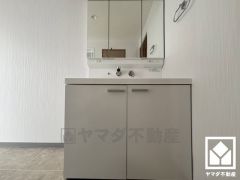 収納付きでスッキリお使い頂ける3面鏡の洗面台です。洗面ボウルが広めなので、忙しい朝でも身支度がしやすく時短になります。