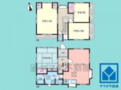 4LDK、土地面積138.87平米、建物面積106.11平米、木造2階建。開放感のある北東・南東角地。