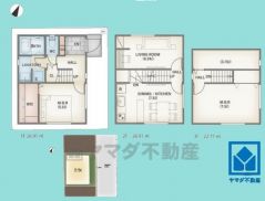3SLDK、土地面積47.09平米、建物面積76.59平米、木造3階建。