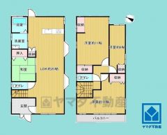 4LDK、土地面積166平米、建物面積140.85平米、木造2階建。