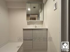 収納付きでスッキリお使い頂ける3面鏡の洗面台です。洗面ボウルが広めなので、忙しい朝でも身支度がしやすく時短になります。