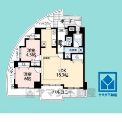 2LDK、専有面積63.07平米、バルコニー面積28.37平米、9階建て3階部分の南西三方角部屋。