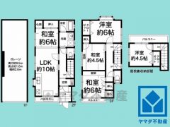 5LDK、土地面積55.54平米、建物面積110.34平米、木造3階建。1階車庫は鉄筋コンクリート造です。