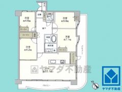 4LDK、専有面積102.06平米、バルコニー面積31.19平米、7階建て6階部分の角部屋。