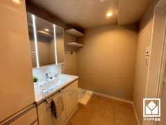 収納豊富なトールキャビネット付きでスッキリお使い頂ける洗面台です。縦に2本配置されたLED照明が顔全体を明るく均等に照らしてくれるので、スキンケアやメイクがしやすくなります。