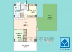 2LDK、専有面積71.19平米、ルーフバルコニー面積23.06平米、7階建て2階部分の南東・南西角住戸。南東向きの専用庭39.23平米付き。