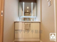 収納付きでスッキリお使い頂ける3面鏡の洗面台です。縦に2本配置されたLED照明が顔全体を明るく均等に照らしてくれるので、スキンケアやメイクがしやすくなります。