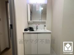 収納付きでスッキリお使い頂ける3面鏡の洗面台です。洗面ボウルが広めなので、忙しい朝でも身支度がしやすく時短になります。