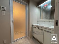 収納付きでスッキリお使い頂ける3面鏡の洗面台です。洗面ボウルが広めなので、忙しい朝でも身支度がしやすく時短になります。