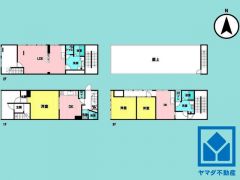 3LDK、土地面積83.03平米、建物面積204.52平米。耐震性・耐火性に優れた鉄骨造の3階建住宅。