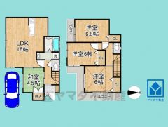 4LDK、土地面積76.05平米、建物面積87.47平米、木造2階建。