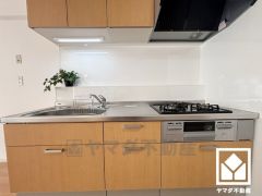 キッチンは空間を有効活用できる壁付けタイプ。使いやすさとデザイン性を両立した、落ち着いた木目調のデザインが魅力のシステムキッチンです。