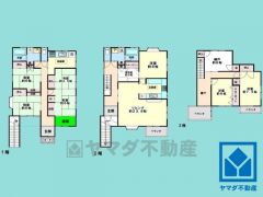 7SLDK、土地面積160.85平米、建物面積214.04平米、木造3階建。