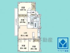 4LDK、専有面積92.25平米、バルコニー面積17.46平米、6階建て最上階部分。