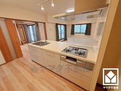 キッチンの背面には専用ポーチへ繋がる勝手口があり、換気やゴミ出しなどに便利です。