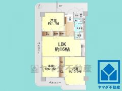 3LDK、専有面積88.04平米、バルコニー面積31.51平米、7階建て1階部分の南西角部屋。専用庭付きです（使用料月額1730円）。