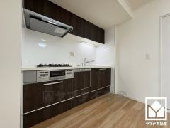 キッチンは空間を有効活用できる壁付けタイプ。調理に手間がかかりがちな肉や魚を、短時間でサッと焼き上げることができるグリル付き。