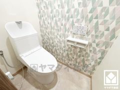 遊び心のあるアクセントパネルが魅力的なトイレです。2連トイレットペーパーホルダーなのでお取替えの手間が軽減できます。